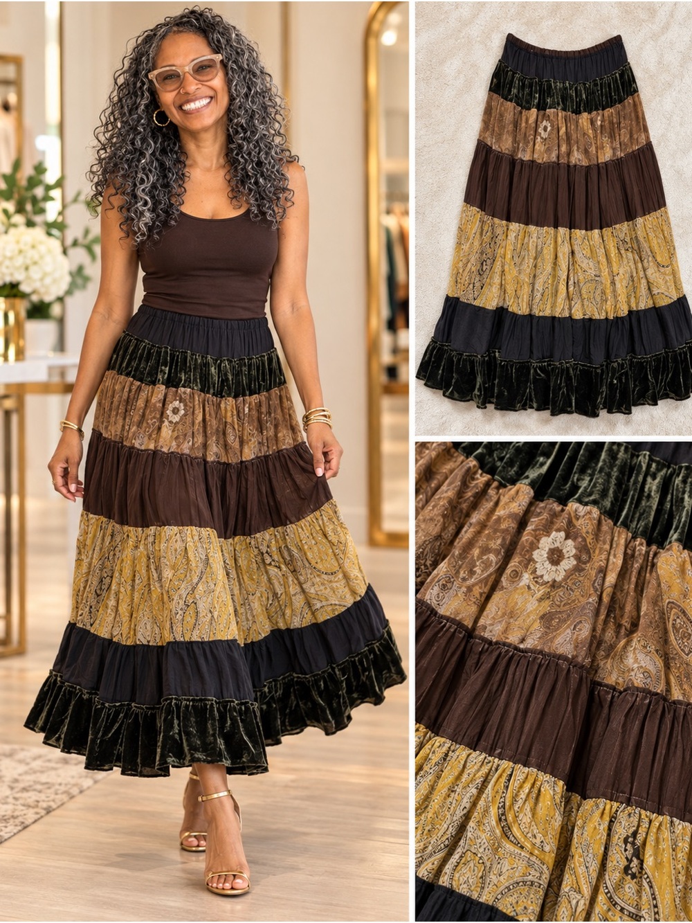 BCBGMaxAzria Tiered Maxi Skirt in Brown, Mustard & Black